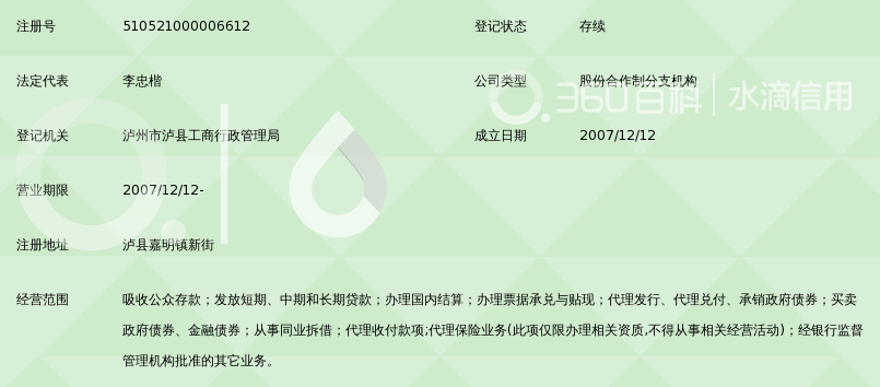 泸县农村信用合作联社嘉明信用社