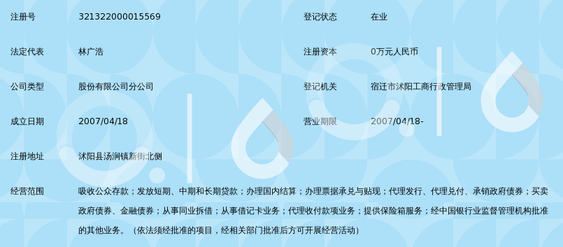 江苏沭阳农村商业银行股份有限公司汤涧支行