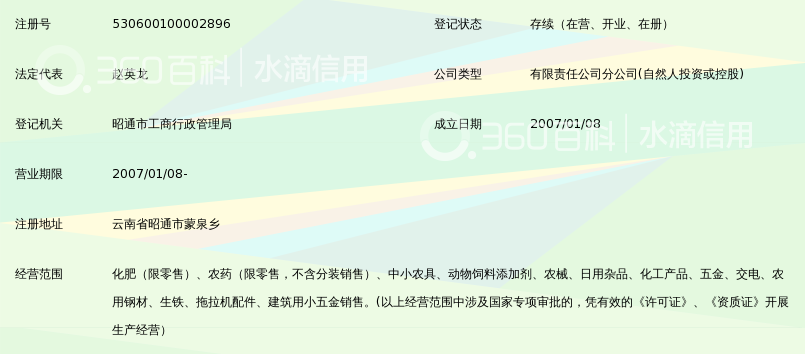 昭通龙鑫农资有限责任公司永丰第一经营部蒙泉