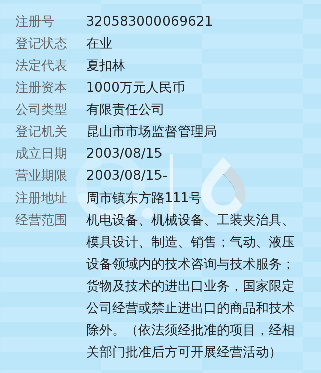 經營範圍包括機電設備,機械設備,工裝夾治具,模具設計,製造,銷售等